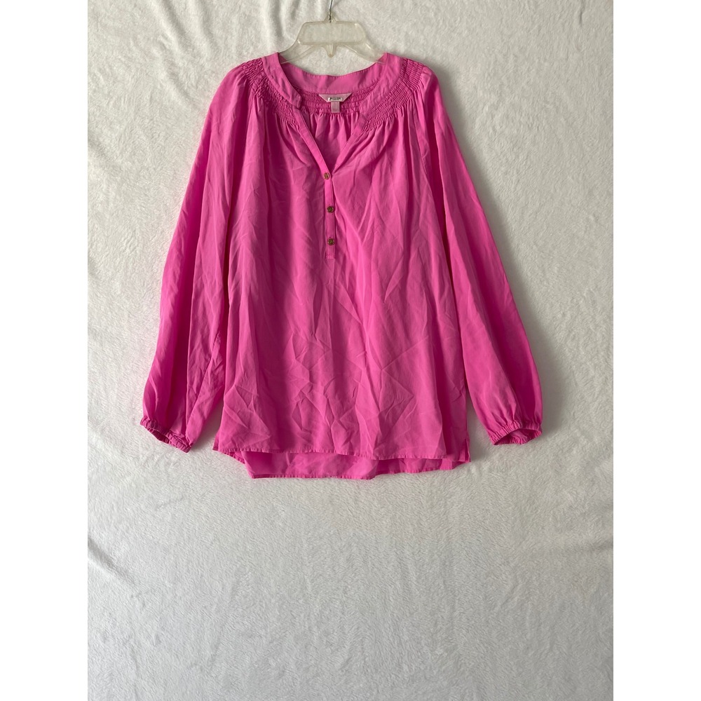 Lilly Pulitzer Elsa Pink 100% Silk Smocked V-Neck Long Sleeve Blouse Sz Lg